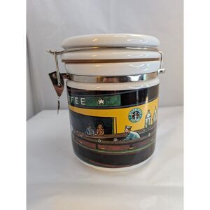 Vintage Starbucks Coffee Ceramic Canister A.J. Burrows Cafe Scene Clamp Lid